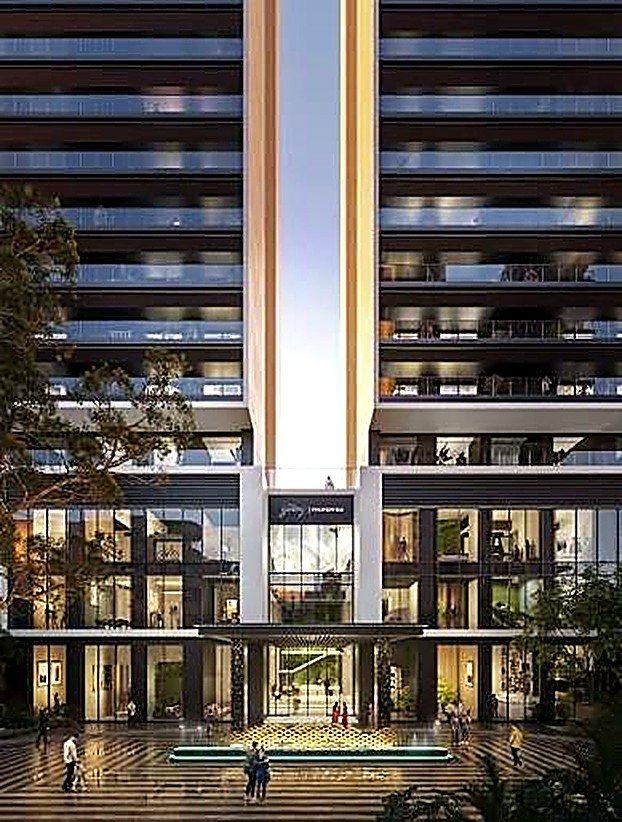 Godrej Astra tower entrance at dusk