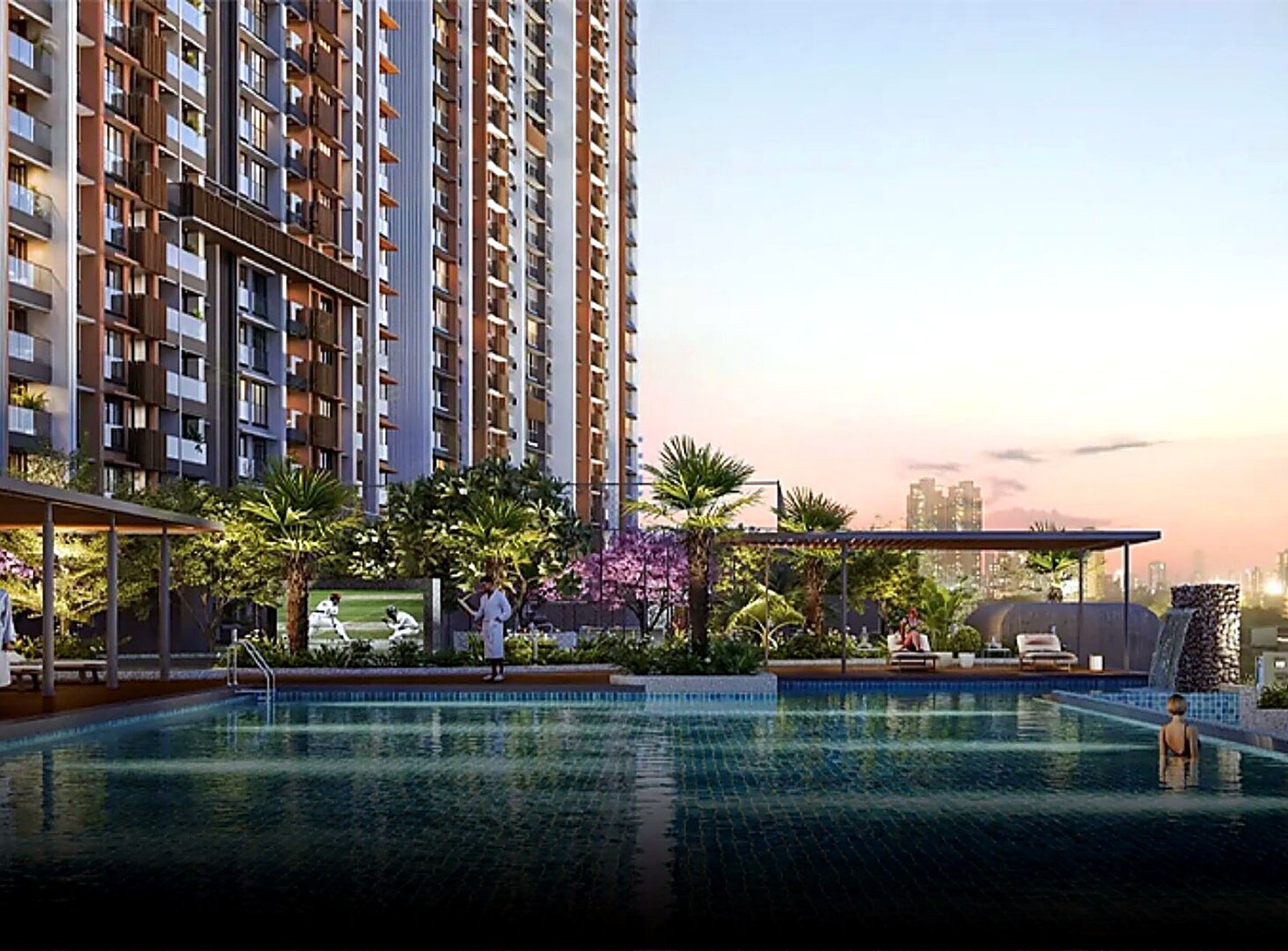 Evening pool deck at Godrej Astra
