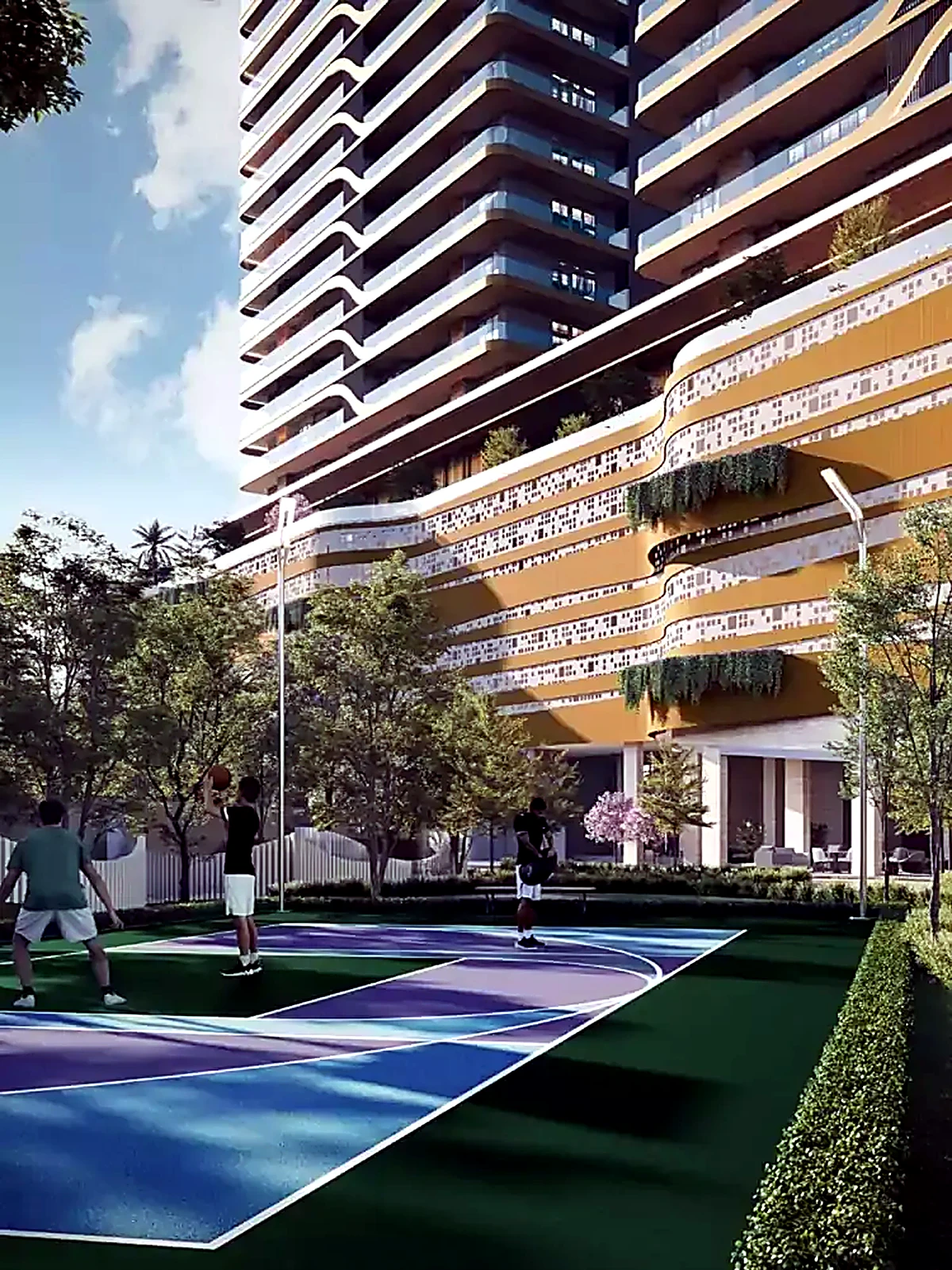 Sports court and tower facade at Godrej Astra